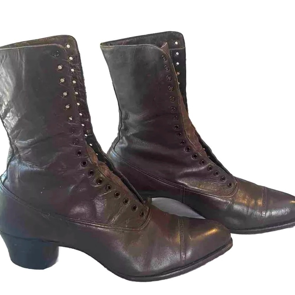 Women’s Vintage Victorian Leather  Lace Up High Top Granny Witchy Boots Sz 7